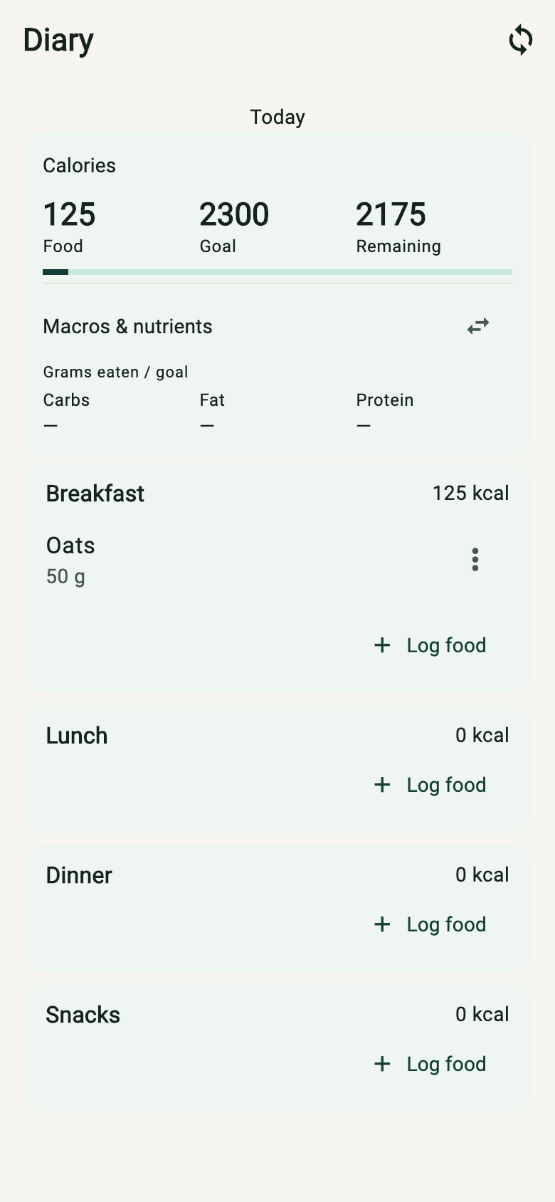 Musopana Diary with an example breakfast, calorie goal and meal sections
