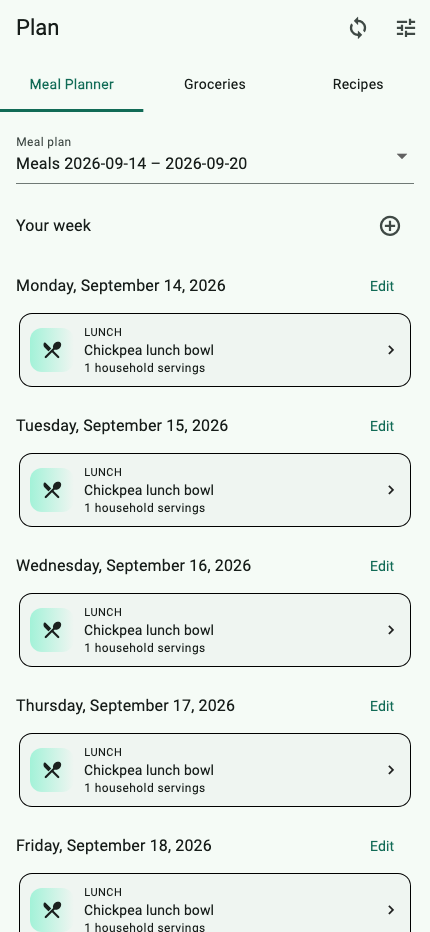 Preview of Musopana meal planning with example lunches