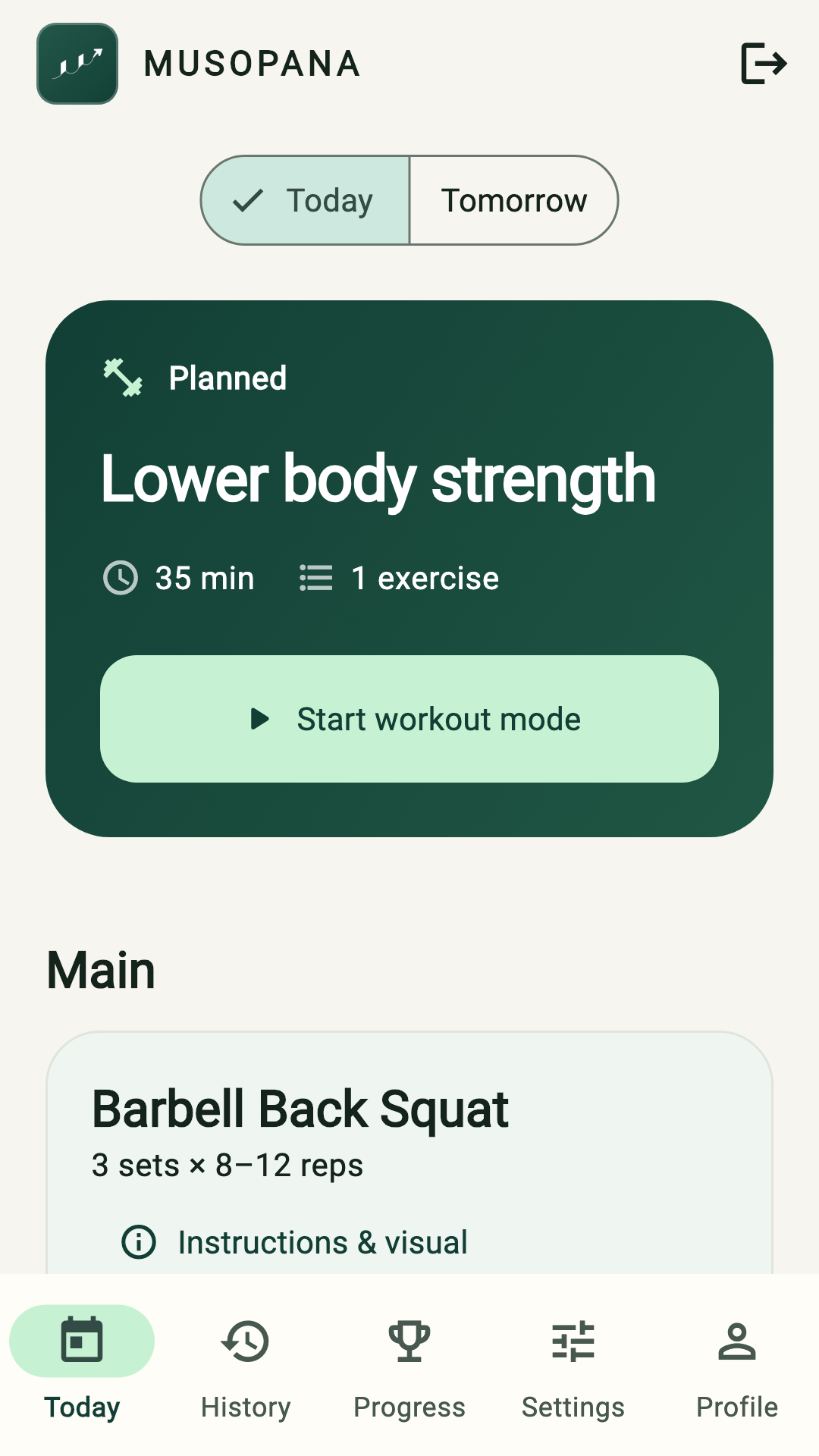 Current Android beta Today screen with a sample strength workout