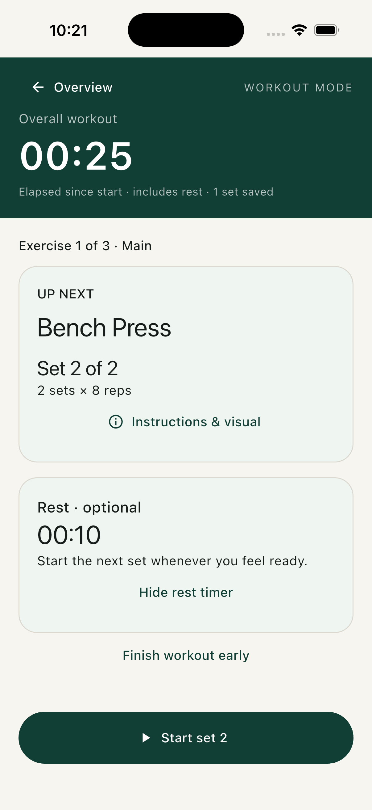Musopana demo: guided bench press session with personal sets, repetitions and an optional rest timer.