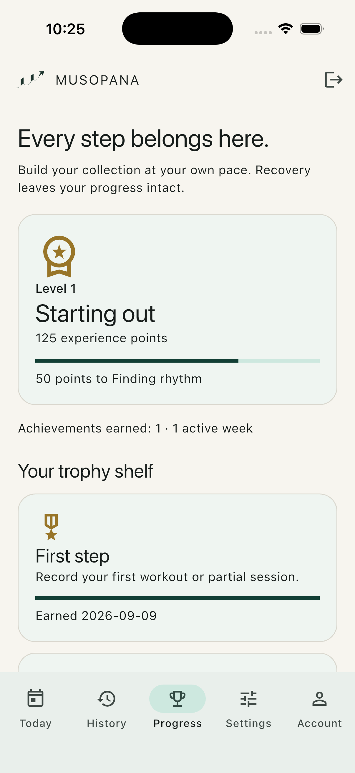 Musopana demo: personal progress with experience points and a first-workout achievement.