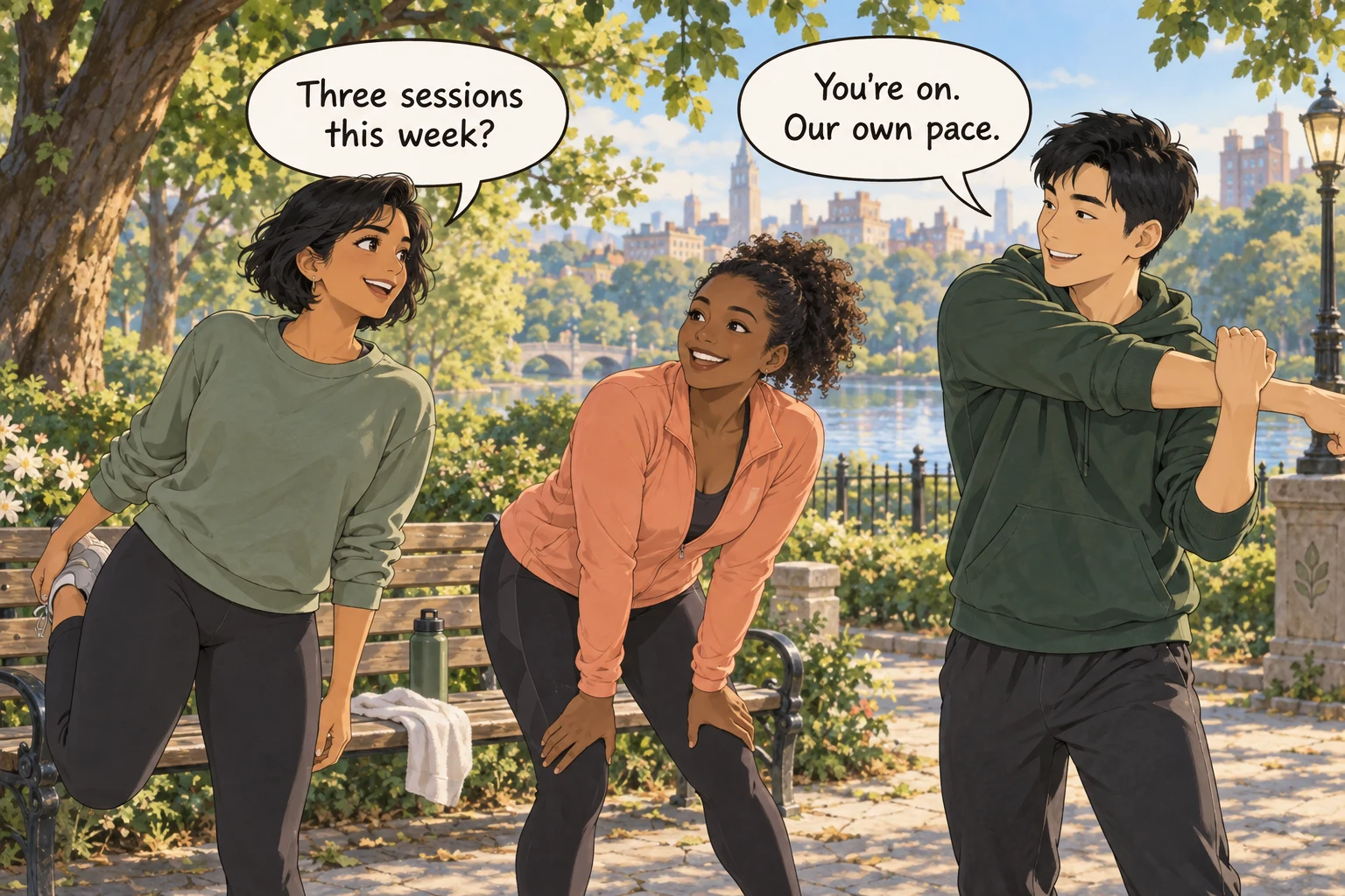 Friends in a park set a friendly challenge. Three sessions this week? You’re on. Our own pace.